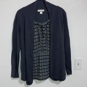Dark grey cardigan with a built in ruffle detail blouse from Christopher Banks